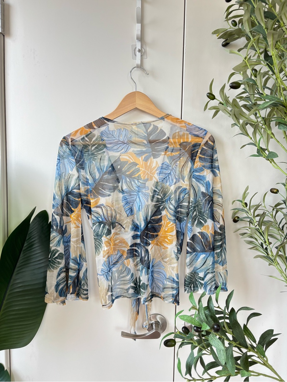 Chocolate Sheer Leaf-Print Blouse in Blue, Yellow & Green - Picture 2 of 5